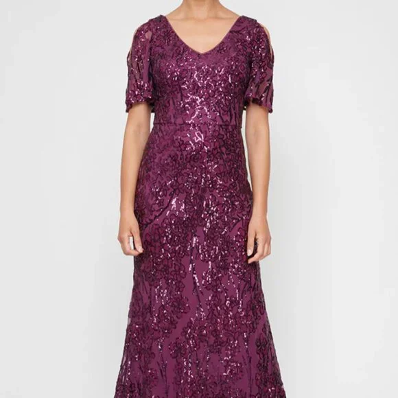 Alex Evenings | Dresses | Alex Evenings Vneck Sequin Dress With Cold  Shoulder Flutter Sleeve Plum 2 | Poshmark